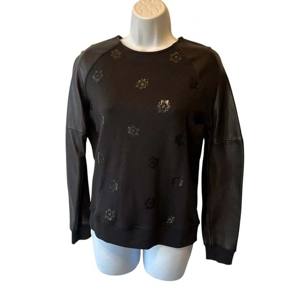 Rag and Bone Lamb leather sweatshirt XXS Black Flowers Womens Crewneck Pullover - Picture 3 of 9